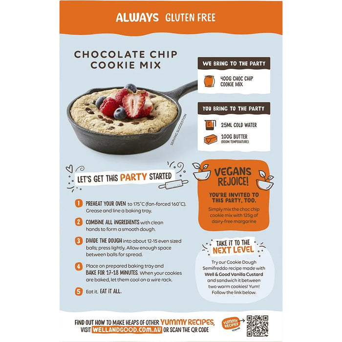 Well & Good, Gluten Free, Chocolate Chip Cookie Mix 400g, Directions, Wicked NRG