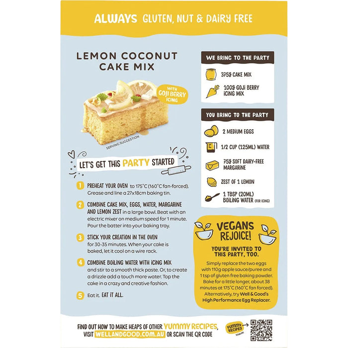 Well & Good, Gluten Free, Lemon Coconut Cake Mix with Goji Berry Icing, 475g, Directions, Wicked NRG