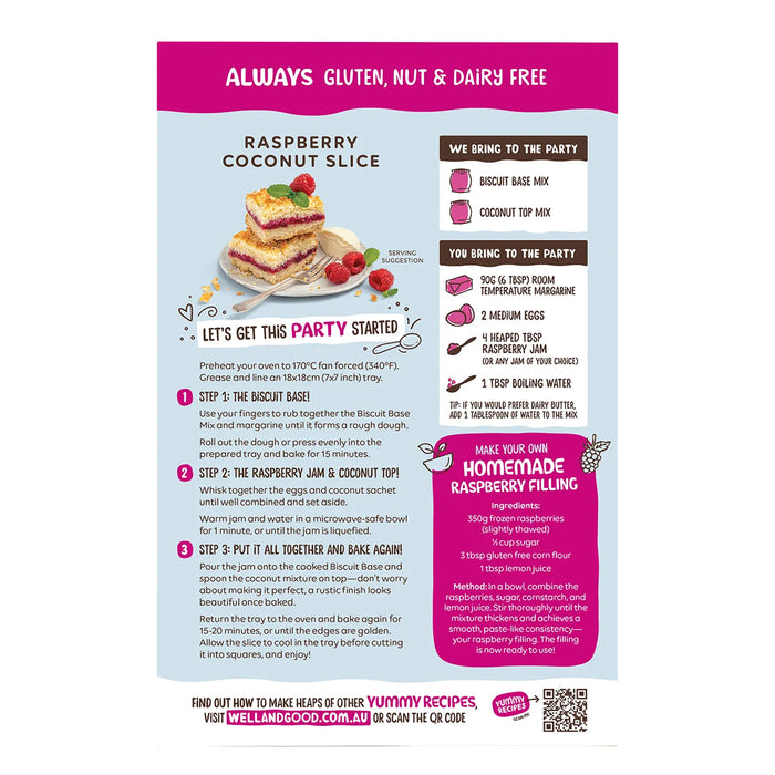 Well & Good, Raspberry Coconut Slice Mix 370g, Gluten Free, Directions Wicked NRG