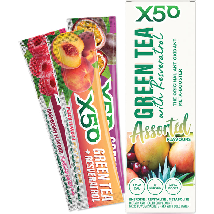 X50 Green Tea + Resveratrol, 6 Assorted Flavours, 6 Sachets, Wicked NRG