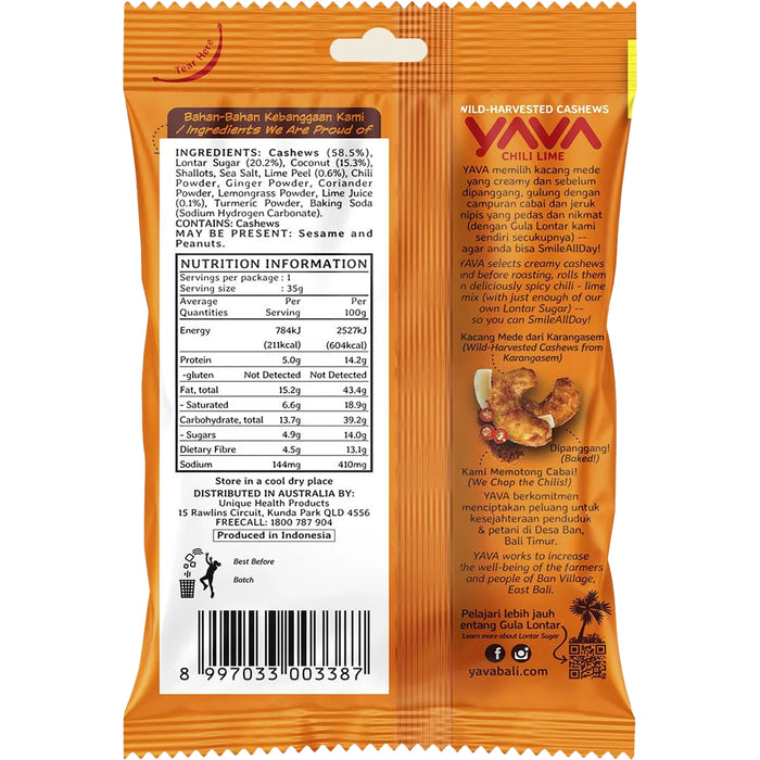 Yava Wild-Harvested Cashews Chili Lime 35g Nutritional Panel Wicked NRG