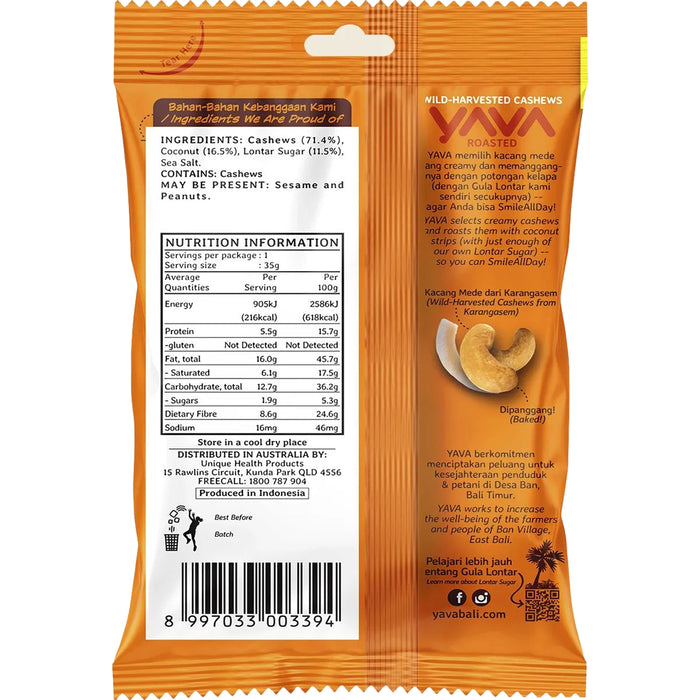 Yava Wild-Harvested Cashews Roasted 35g Nutritional Panel Wicked NRG