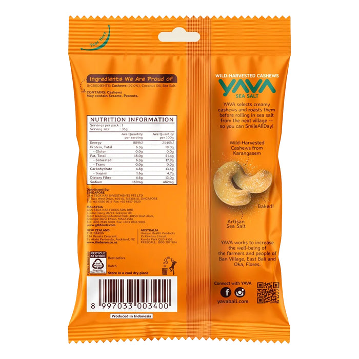 Yava Wild-Harvested Cashews Sea Salt 35g Nutritional Panel Wicked NRG