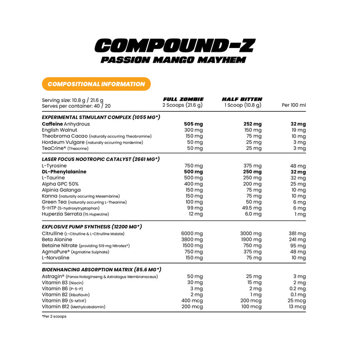Zombie Labs Compound Z Passion Mango Mayhem 40 Serves Ingredients, Wicked NRG