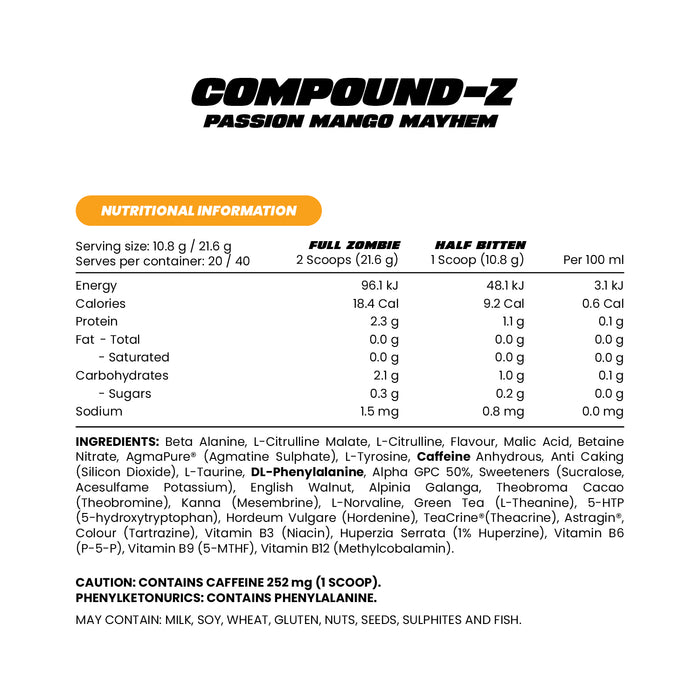 Zombie Labs Compound Z Passion Mango Mayhem 40 Serves Nutritional Panel, Wicked NRG