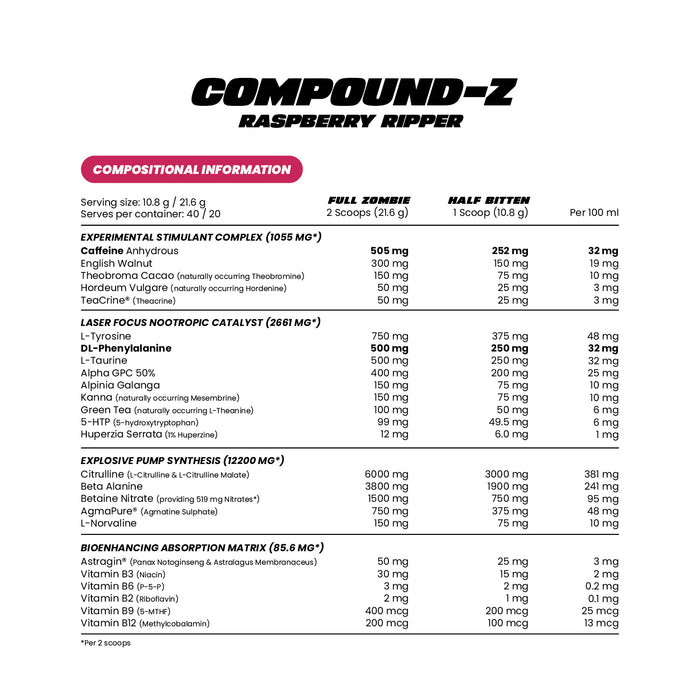 Zombie Labs Compound Z Raspberry Ripper, 40 Serves Nutritional Panel, Wicked NRG