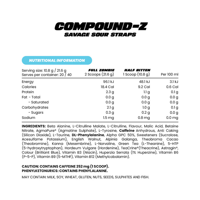 Zombie Labs Compound Z Savage Sour Straps, 40 Serves Nutritional Panel, Wicked NRG