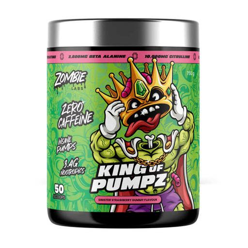 Zombie Labs KING OF PUMPZ Non-Stim Pre-Workout Sinister Strawberry Gummy 50 scoops 750g, Wicked NRG