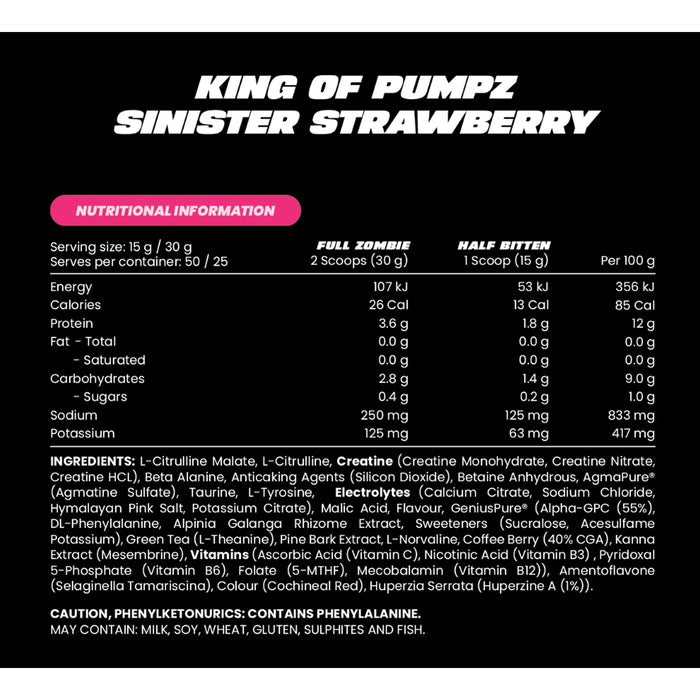 Zombie Labs KING OF PUMPZ Non-Stim Pre-Workout Sinister Strawberry Gummy Nutritional Panel Wicked NRG