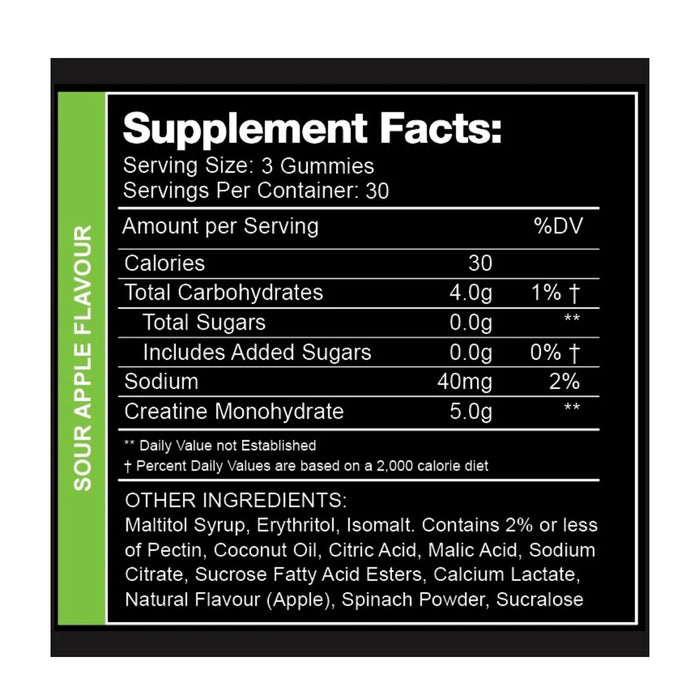swoleys creatine monohydrate gummies Sour Apple 30 Serves Nutritional Panel Wicked NRG
