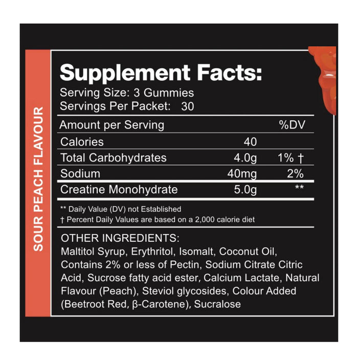swoleys creatine monohydrate gummies Sour Peach 30 Serves Nutritional Panel Wicked NRG
