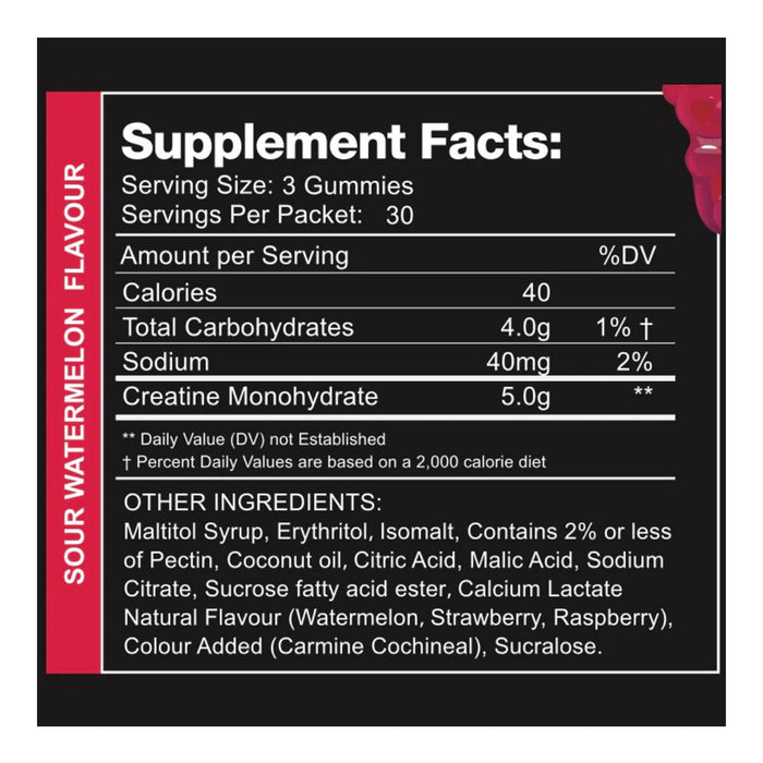 swoleys creatine monohydrate gummies Sour Watermelon 30 Serves Nutritional Panel Wicked NRG