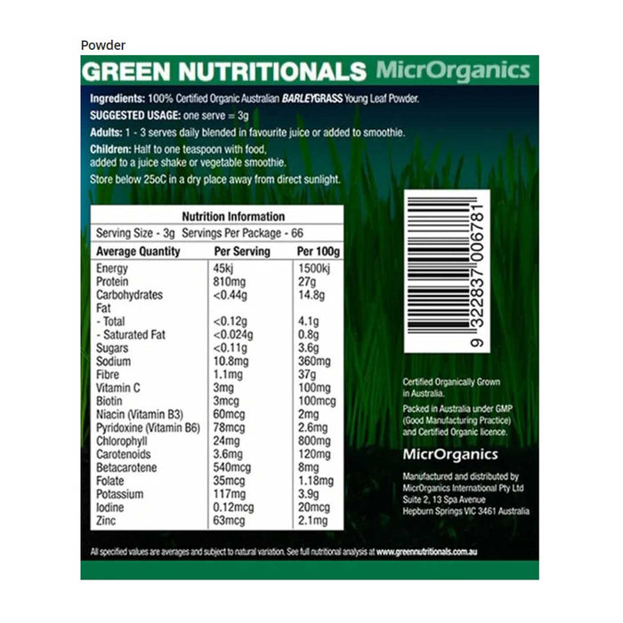 Green Nutritionals 100% Australian Organic Barley Grass 200g Powder, Nutrition Panel, Wicked NRG, Darwin