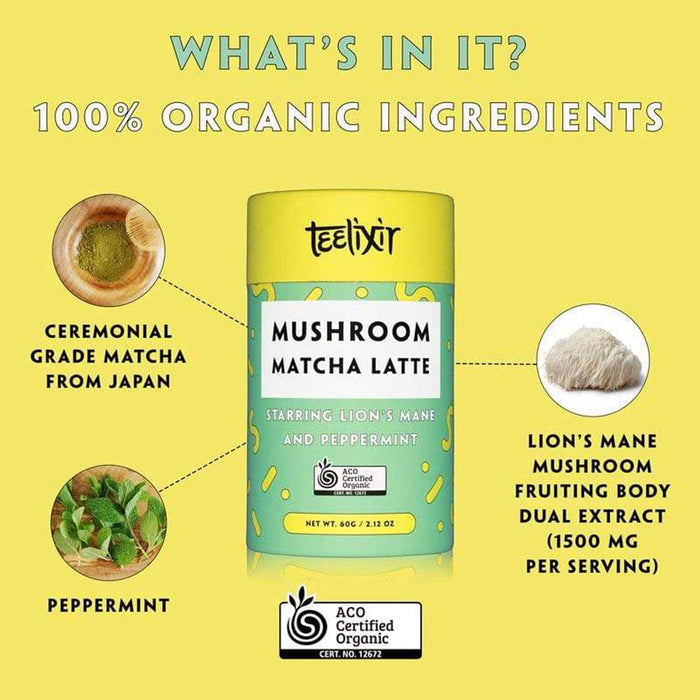TEELIXIR Organic Mushroom Matcha Latte, Lion's Mane and Peppermint,  60 grams, Wicked NRG, (7024393322696)