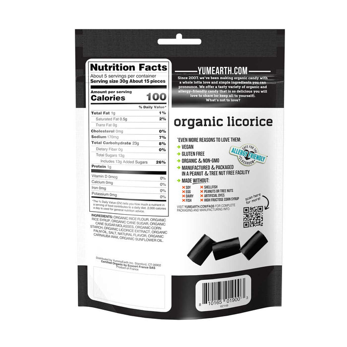 YumEarth Organic Black Licorice, 142grams, Gluten Free, (6872138252488) Wicked NRG, Nutritional Panel,